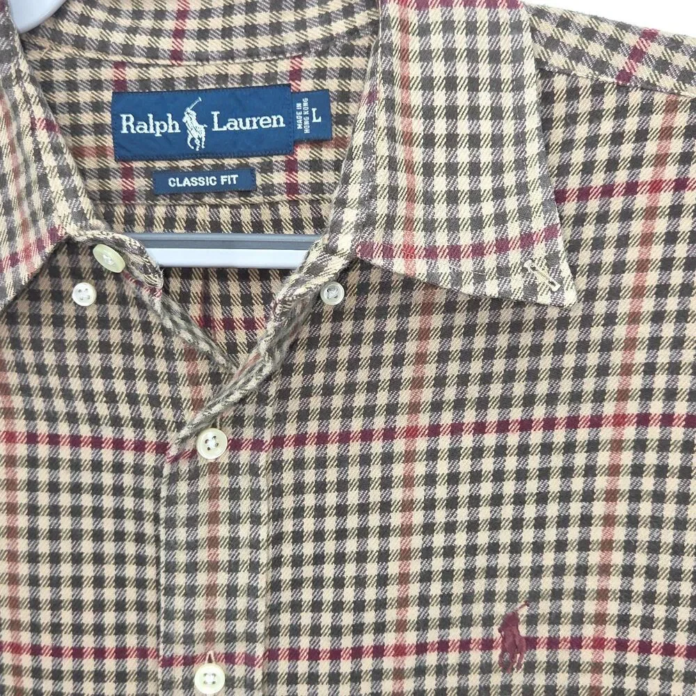 Polo Ralph Lauren Flannel Shirt Mens Large Classic Fit Tan Plaid Burgundy Pony